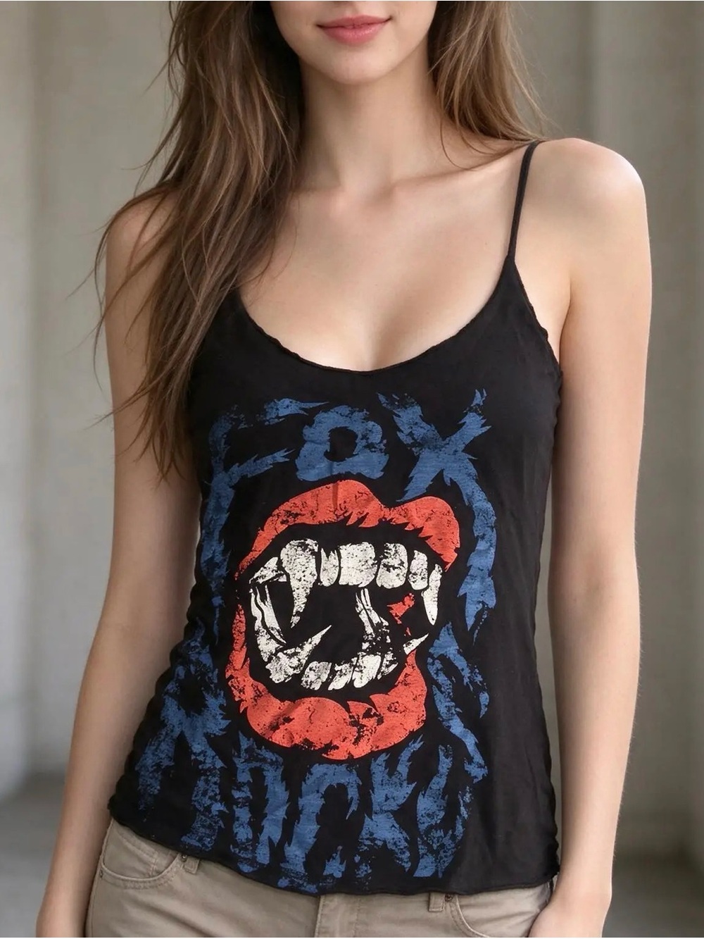 Black Graphic Spaghetti-Strap Tank Top with Red & Blue Print